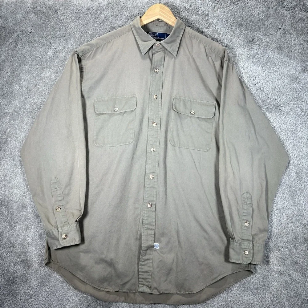 Vintage Polo Ralph Lauren Shirt Mens L Beige Khaki Pockets Utility‎ Safari 90s